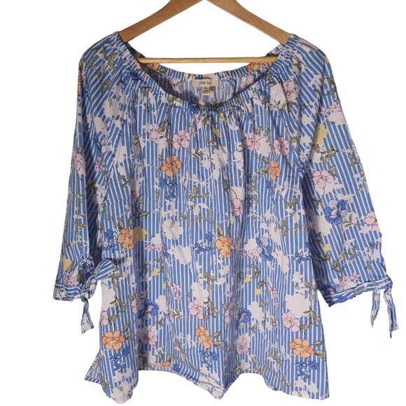 Como Blu Cottagecore Top Womens Plus 3X Floral Blue Striped Boho Peasant Feminin - Picture 1 of 9